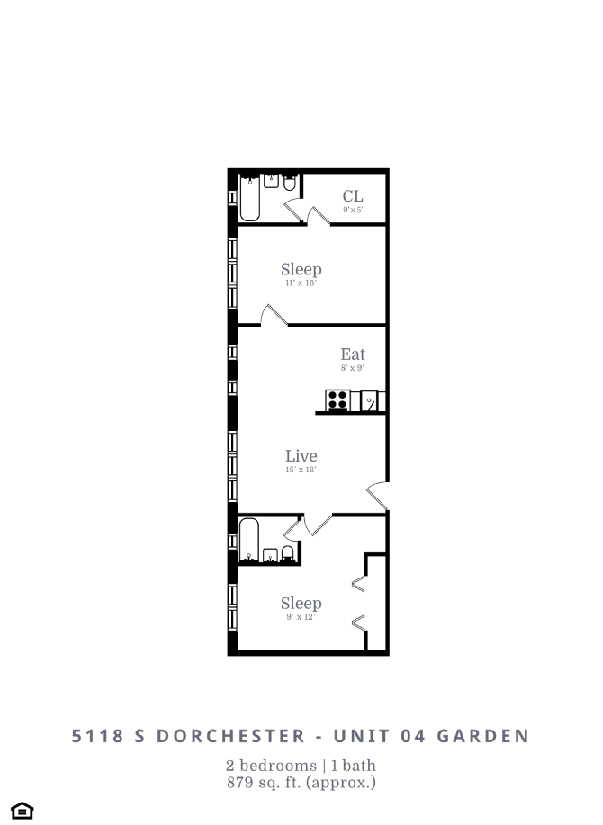 Floor plan for 2 beds, 1 bath, 879 sqft